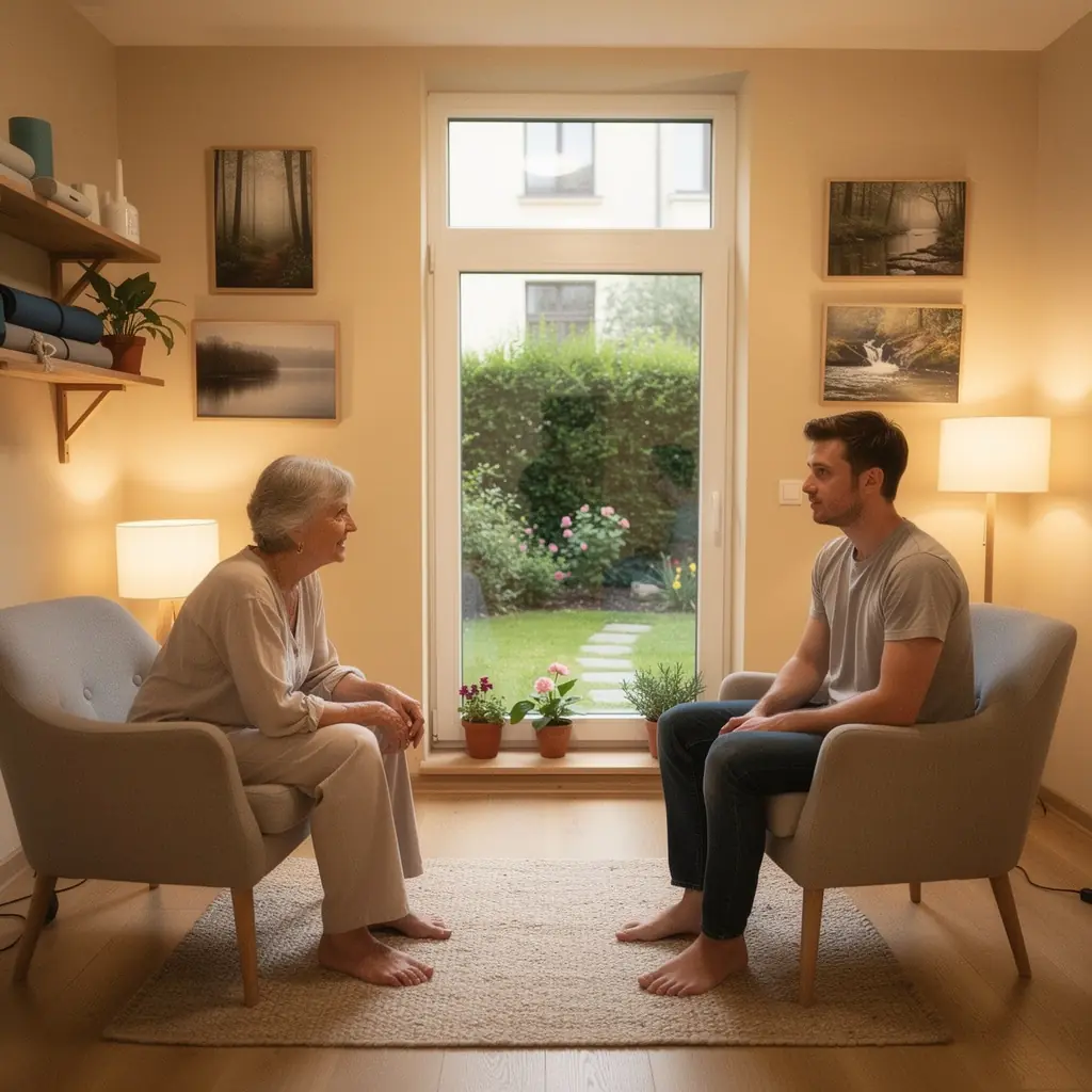 Grupa ludzi uczestniczących w zajęciach jogi, skoncentrowanych na oddechu i relaksacji.
