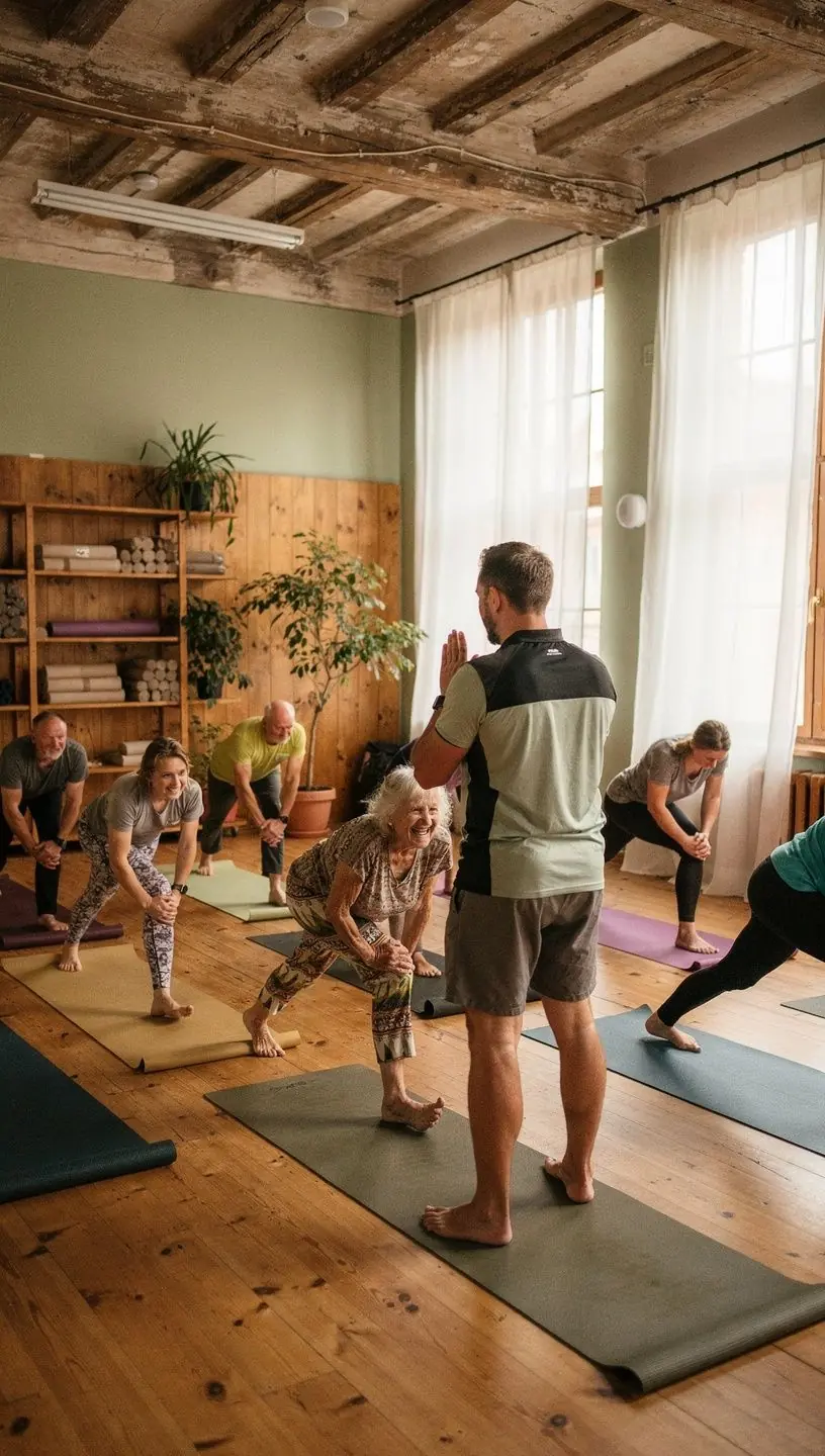 Instruktor jogi prowadzący grupę osób w ćwiczeniach terapeutycznych, koncentrując się na technikach oddechowych.