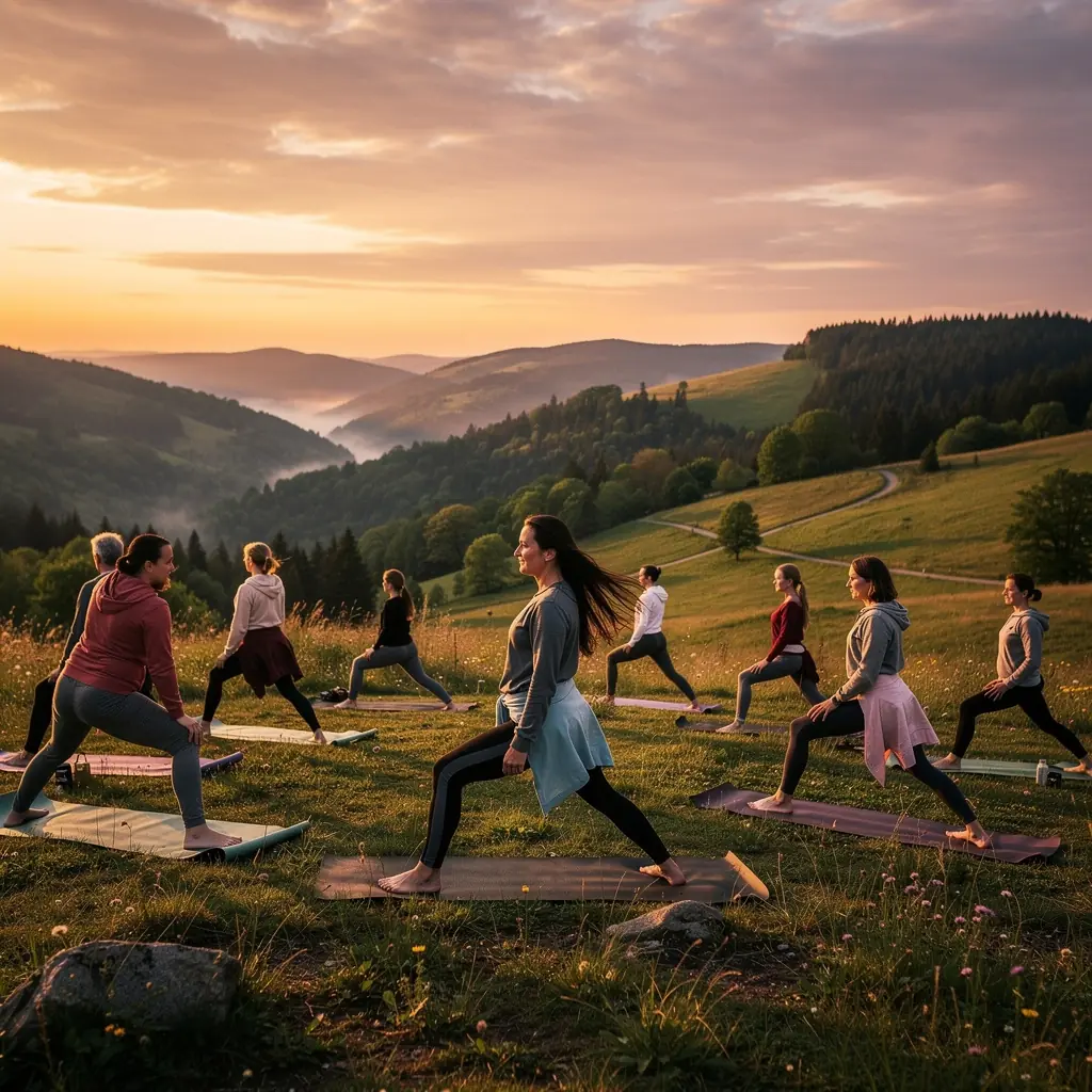 Instruktor jogi prowadzący grupę osób w ćwiczeniach terapeutycznych, koncentrując się na technikach oddechowych.