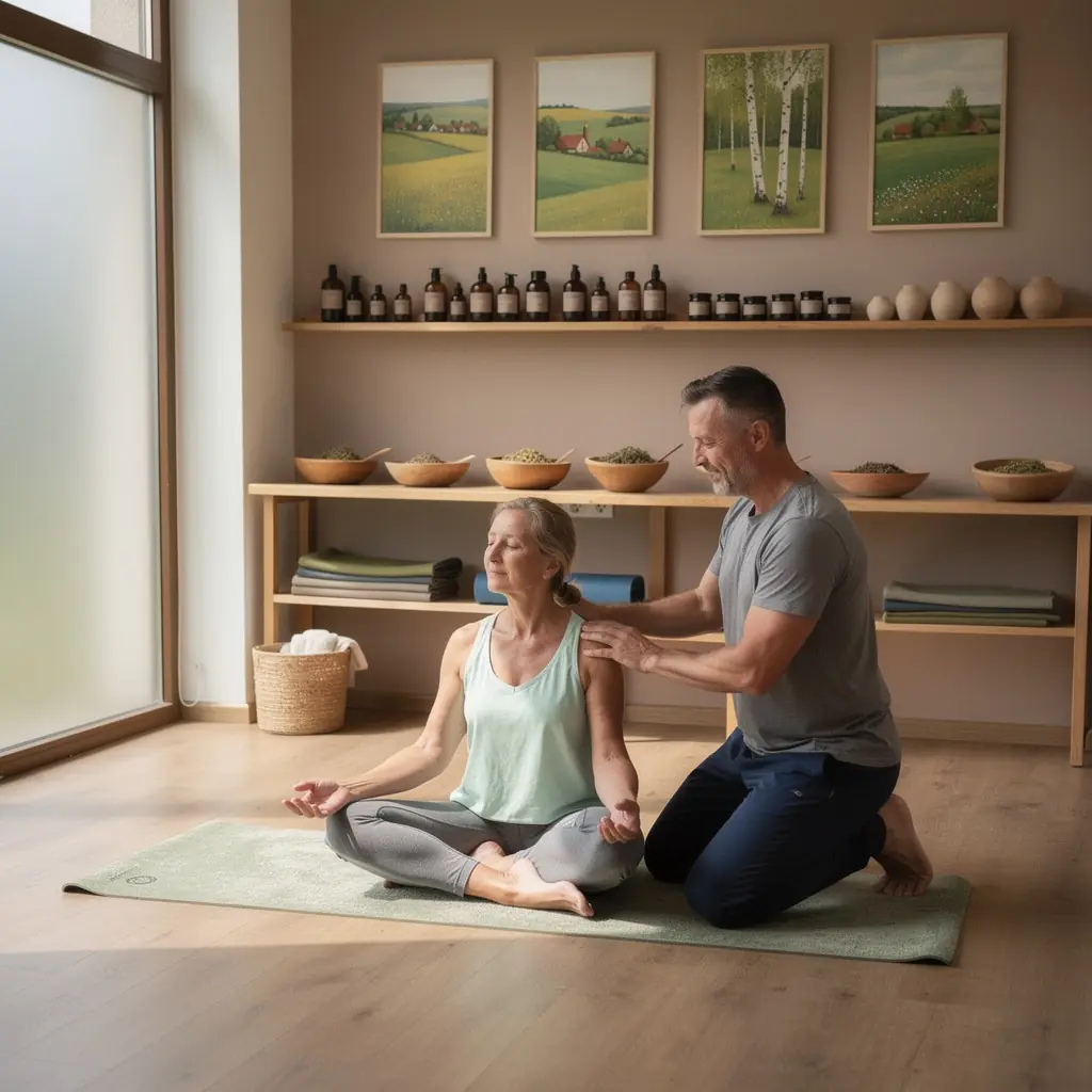 Instruktor jogi prowadzący grupę osób w ćwiczeniach terapeutycznych, koncentrując się na technikach oddechowych.