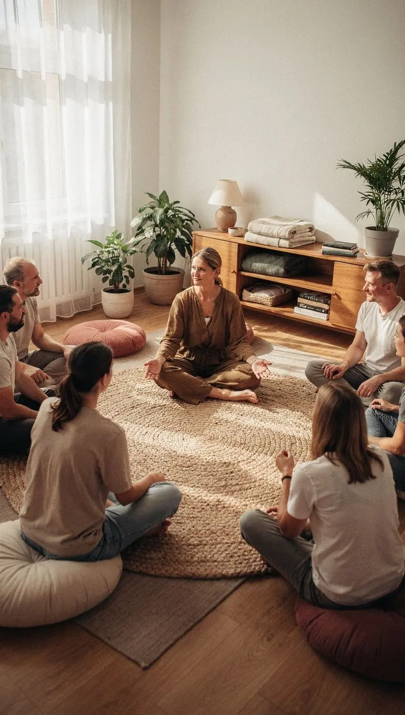 Instruktor jogi prowadzący grupę osób w ćwiczeniach terapeutycznych, koncentrując się na technikach oddechowych.