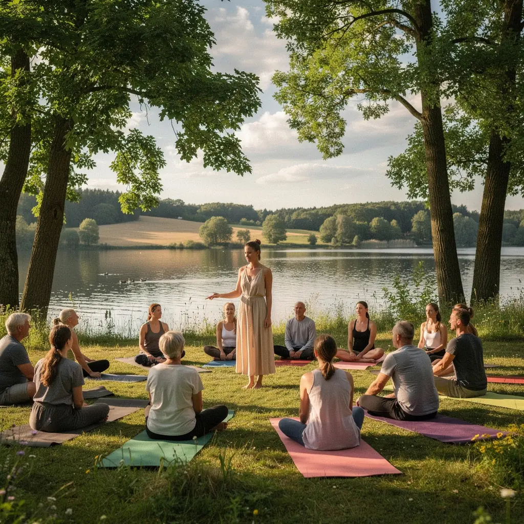 Instruktor jogi prowadzący grupę osób w ćwiczeniach terapeutycznych, koncentrując się na technikach oddechowych.