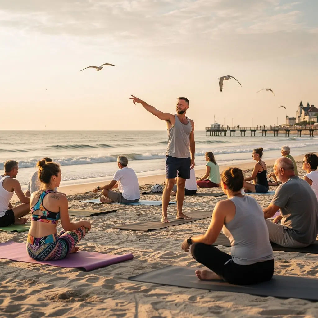 Instruktor jogi prowadzący grupę osób w ćwiczeniach terapeutycznych, koncentrując się na technikach oddechowych.