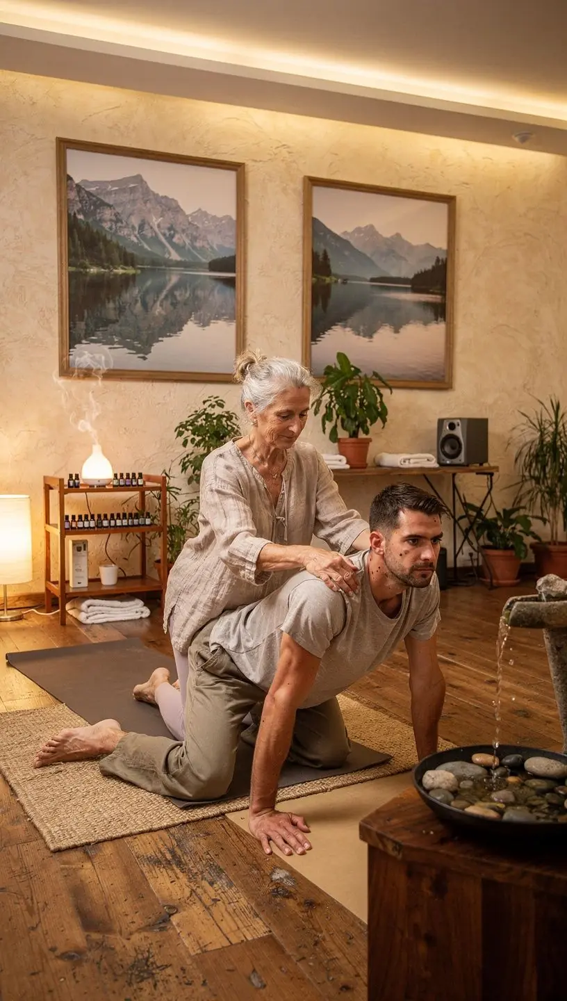 Instruktor jogi prowadzący grupę osób w ćwiczeniach terapeutycznych, koncentrując się na technikach oddechowych.